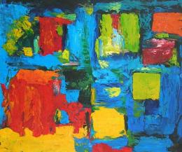 tableau abstrait bleu jaune vert orange