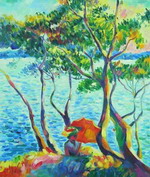 tableau impressionniste  femme au bord d'un lac