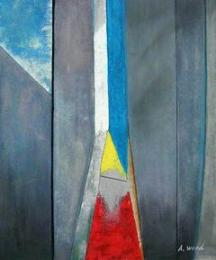tableau abstrait gris bleu effets jaune et rouge