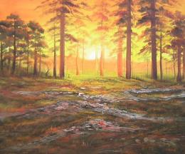 tableau lever soleil forêt de pins