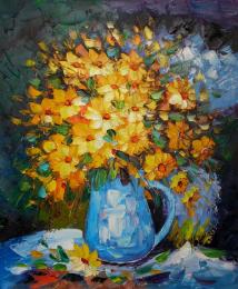 tableau fleurs jaunes vase bleu