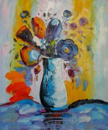 tableau fleurs bleues en vase